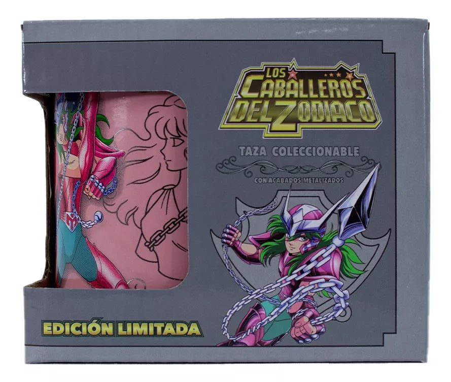 Taza Caballeros del Zodiaco Shun de Andrómeda con detalles metálicos rosa 330ml
