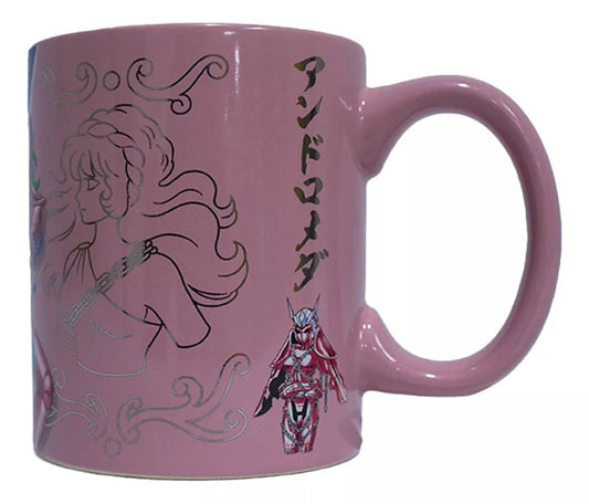 Taza Caballeros del Zodiaco Shun de Andrómeda con detalles metálicos rosa 330ml