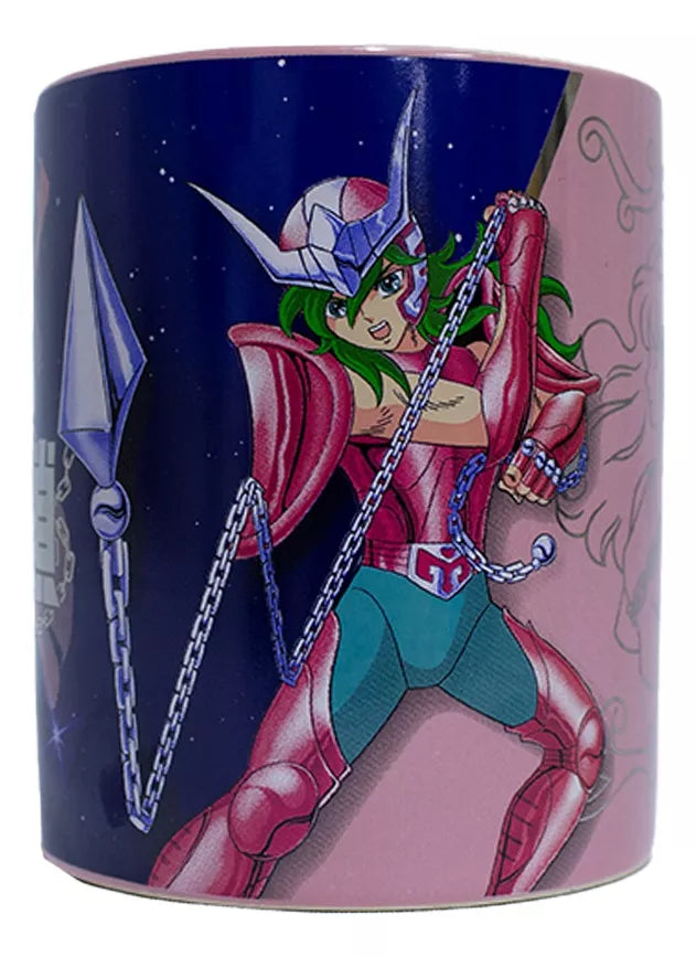 Taza Caballeros del Zodiaco Shun de Andrómeda con detalles metálicos rosa 330ml